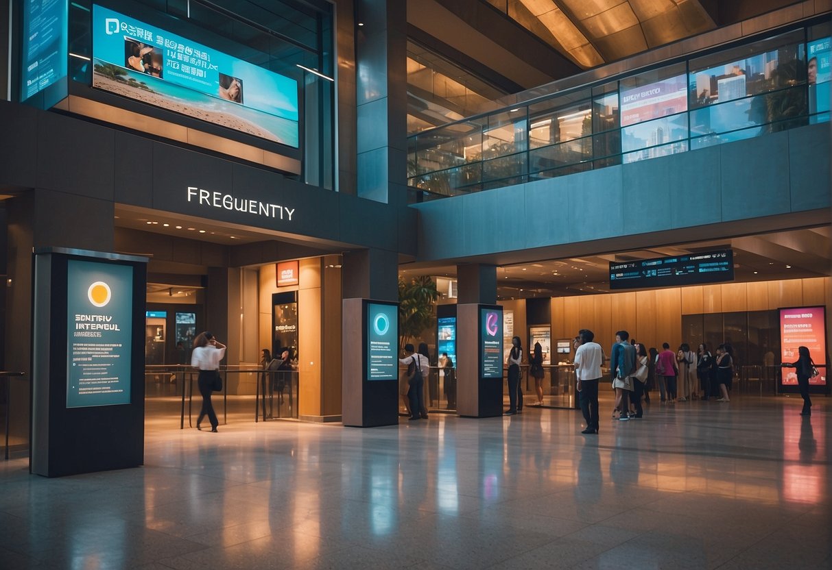 A colorful, bustling museum entrance with a prominent "Frequently Asked Questions" sign and a Singapore promo display