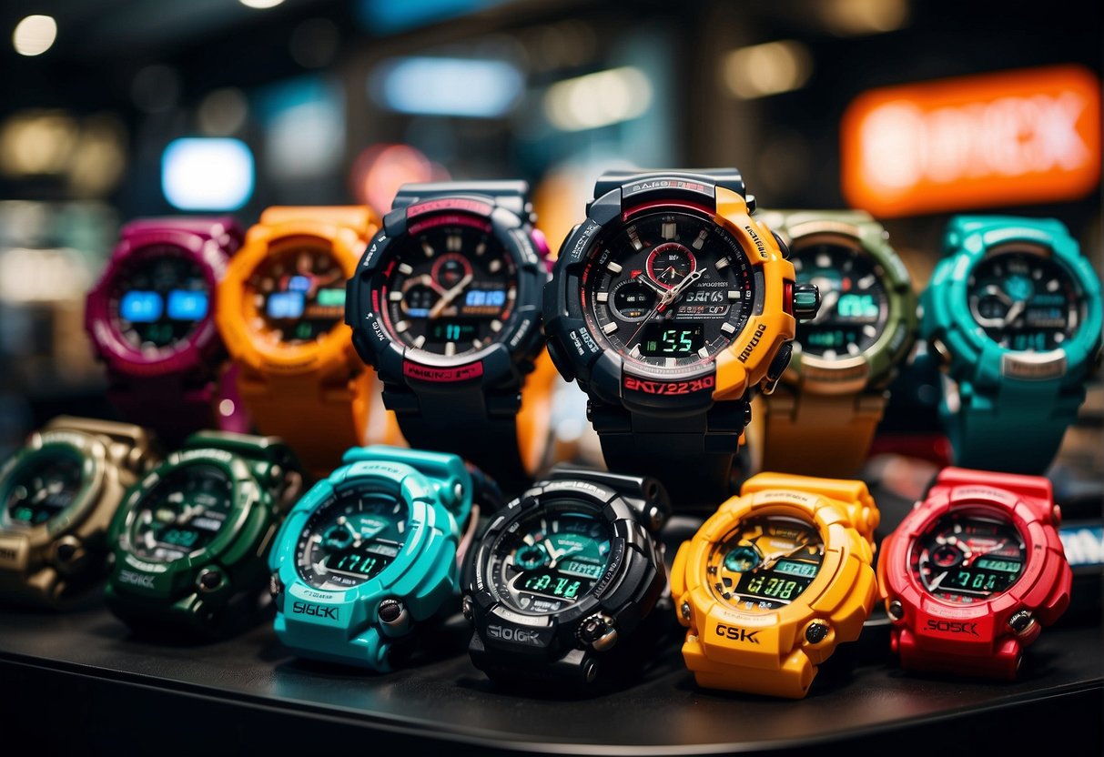A vibrant display of G-Shock watches on sale, with promotional signs and exclusive deals in a bustling Singapore store