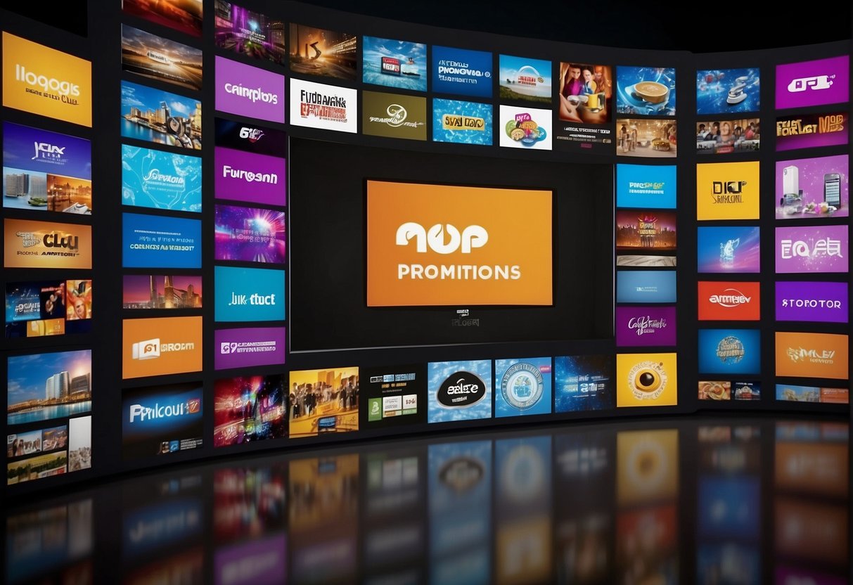 A colorful display of current promotions, with banners and logos, on a digital screen with the Cloud Promotions Singapore logo prominently featured