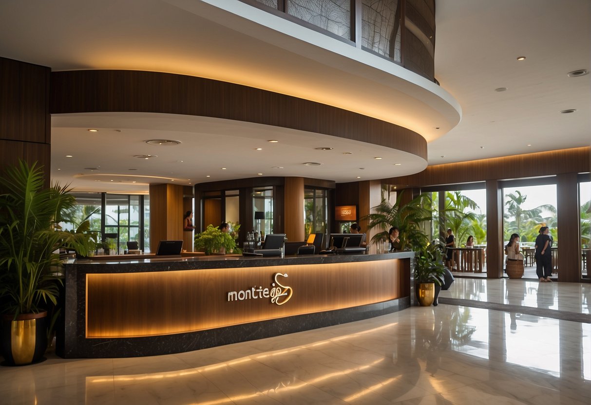A bustling reception area at Montigo Resort Batam, with a prominent sign displaying "Frequently Asked Questions" and "Promotions Singapore". Guests inquire at the desk