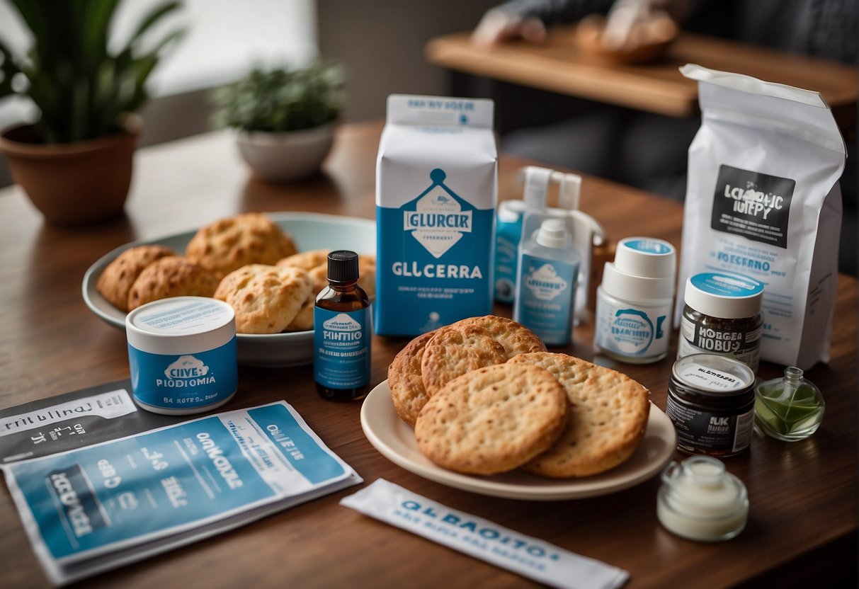 A table filled with various Glucerna products, surrounded by promotional banners and signs. A customer holding a flyer with details on current promotions