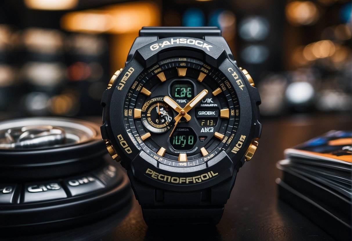 A G-Shock watch surrounded by promotional materials in a Singaporean store