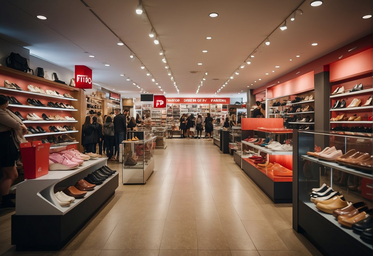 A crowded store with bright signage, shelves filled with various FitFlop shoes, and a line of excited customers waiting to take advantage of the sale
