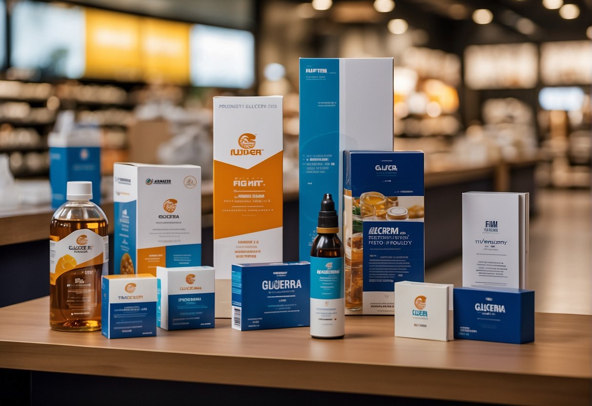 A table with various Glucerna products displayed, a promotional banner, and a stack of FAQ brochures in a bustling Singaporean store