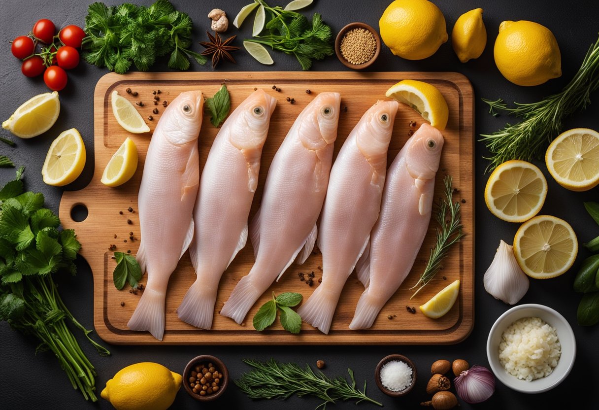 A cutting board with fresh cod fillets, surrounded by ingredients like lemon, herbs, and spices, ready to be prepared for cooking