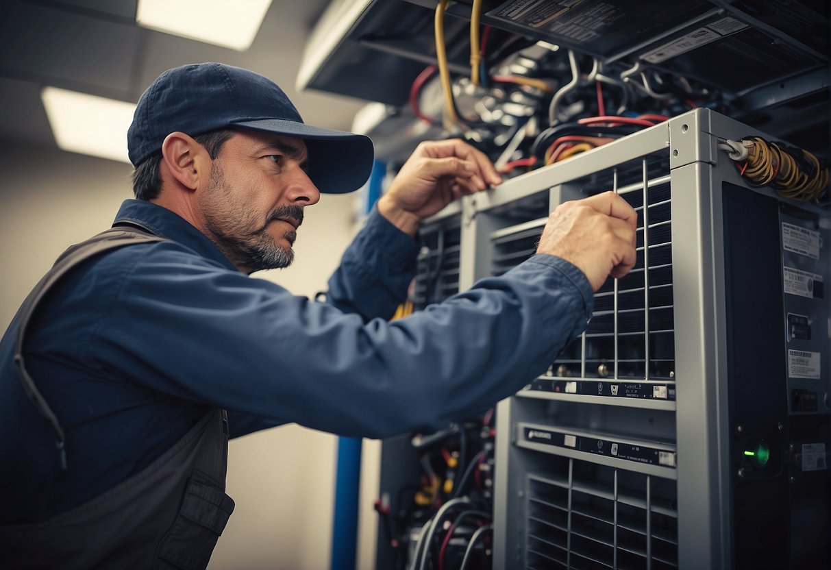 HVAC technician upgrading and maintaining system components for improved energy efficiency