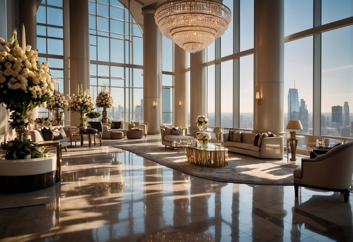 A grand lobby with opulent furnishings, a sparkling chandelier, and a concierge desk adorned with fresh flowers. A luxurious suite featuring plush bedding, elegant decor, and a breathtaking view of the city skyline