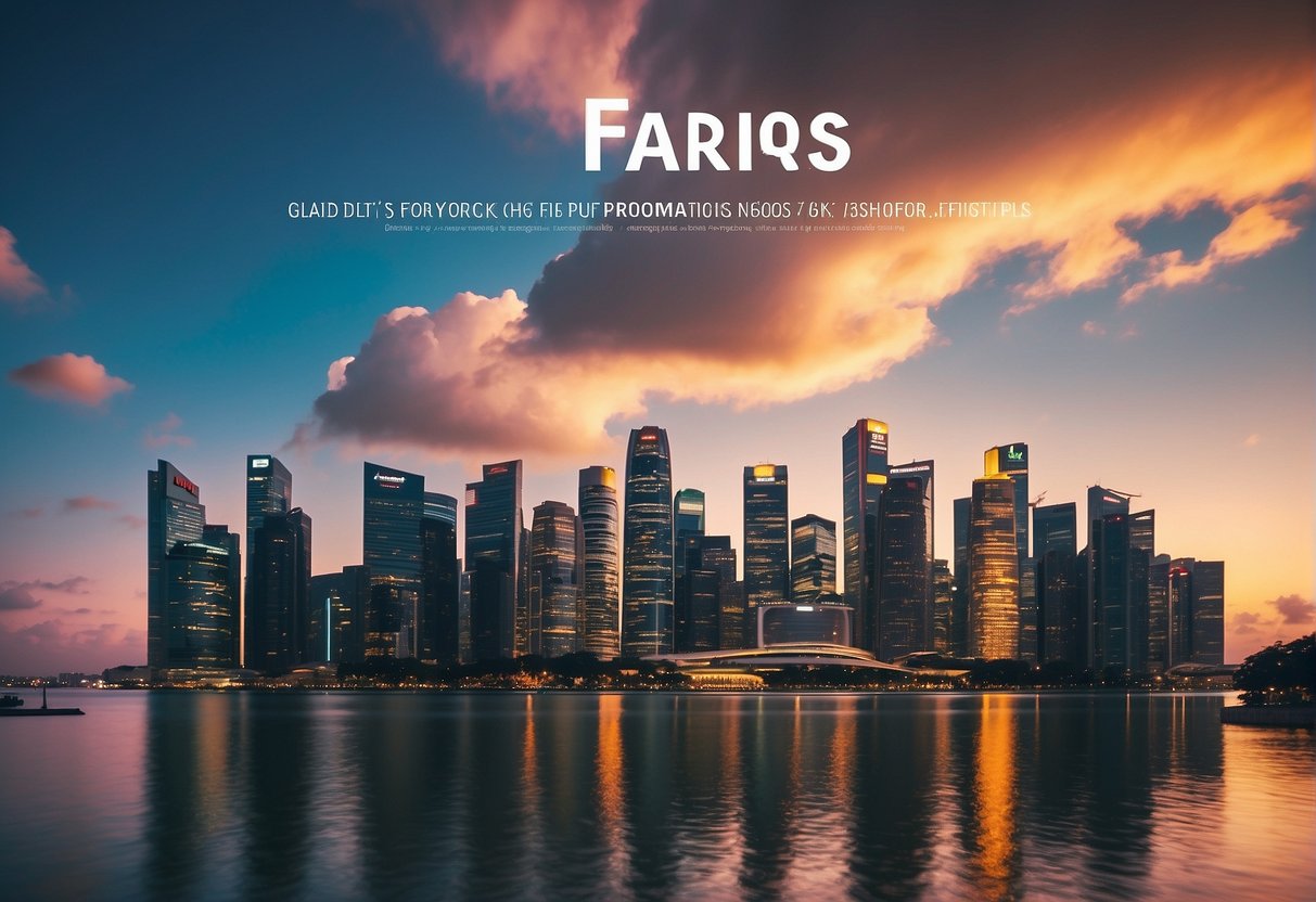 A colorful cloud with "FAQs on cloud promotions Singapore" text floating above a city skyline backdrop