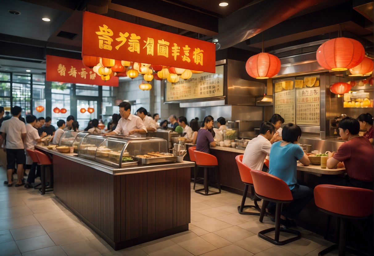 A bustling Haidilao restaurant in Singapore, with colorful promotional banners and a busy staff serving hot pot to eager customers