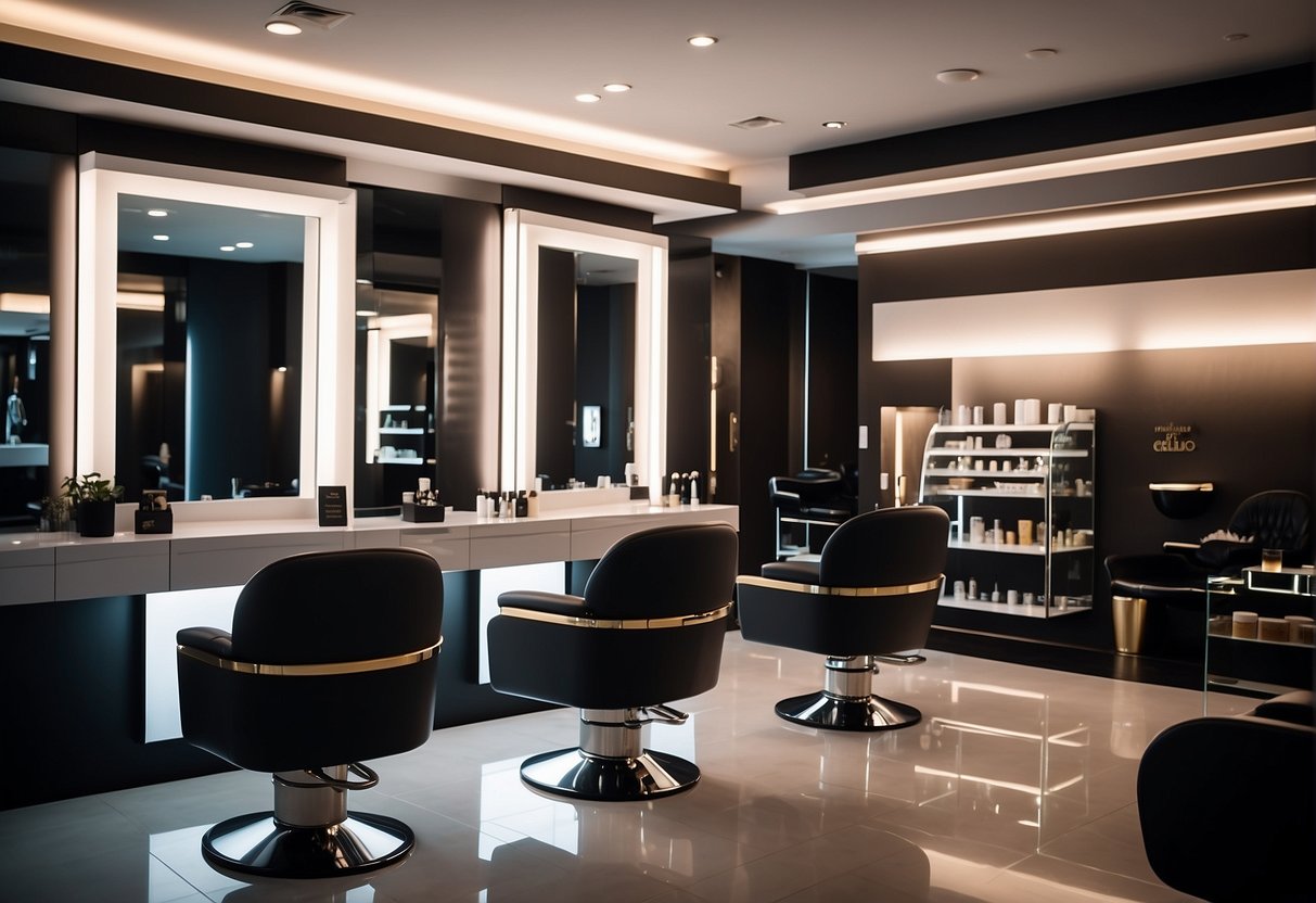A sleek, modern salon setting with bold signage promoting Gent's Grooming gelish manicure promotions in Singapore. Bright lighting and clean, minimalist decor