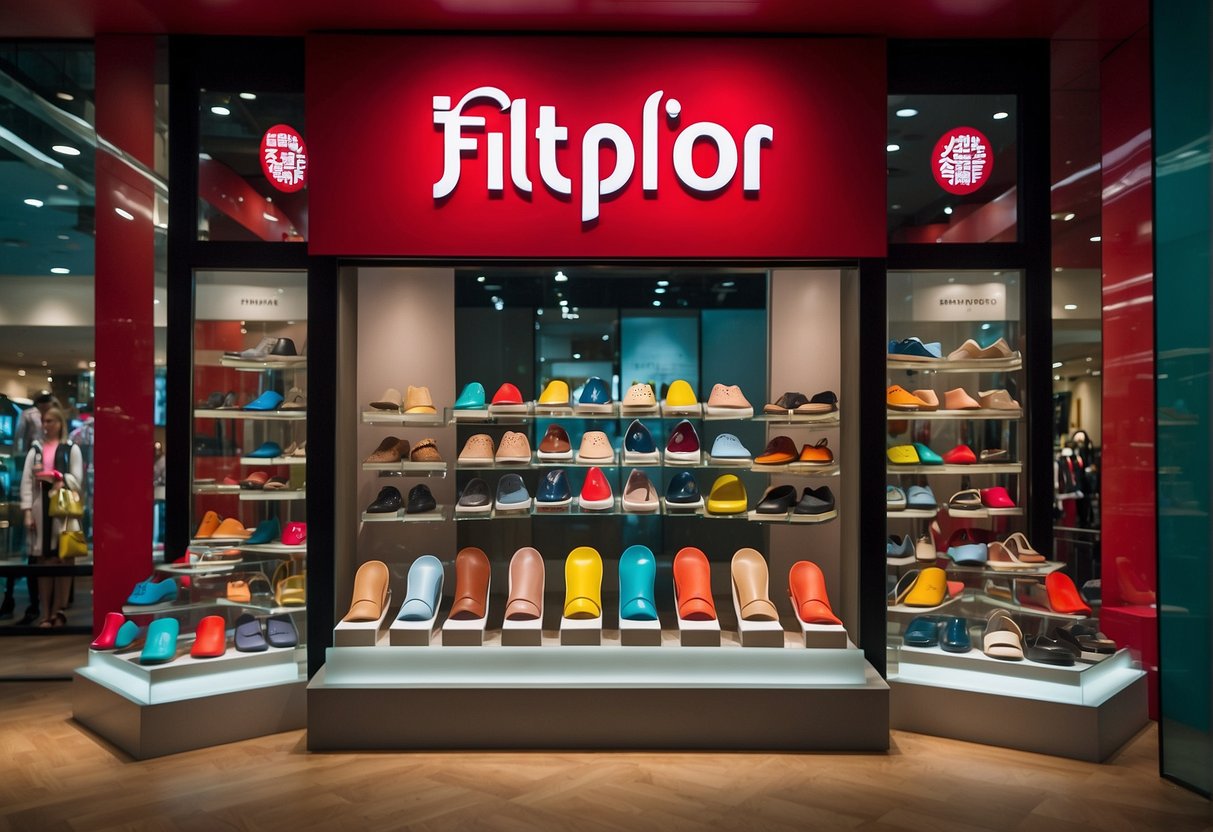A colorful display of Fitflop promotions in a Singapore store window, with various styles and sizes showcased
