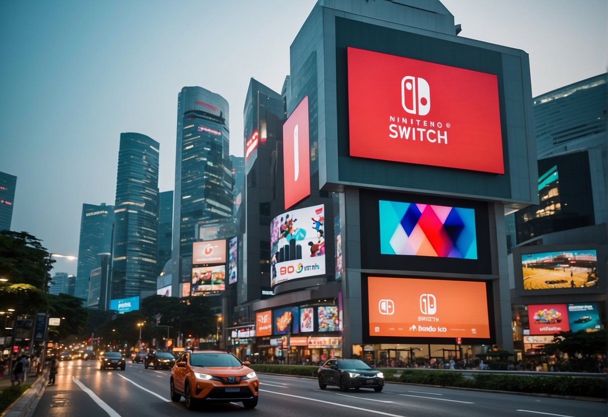 A vibrant cityscape with a large billboard displaying Nintendo Switch promotions in Singapore. Bright lights and bustling streets create a lively atmosphere