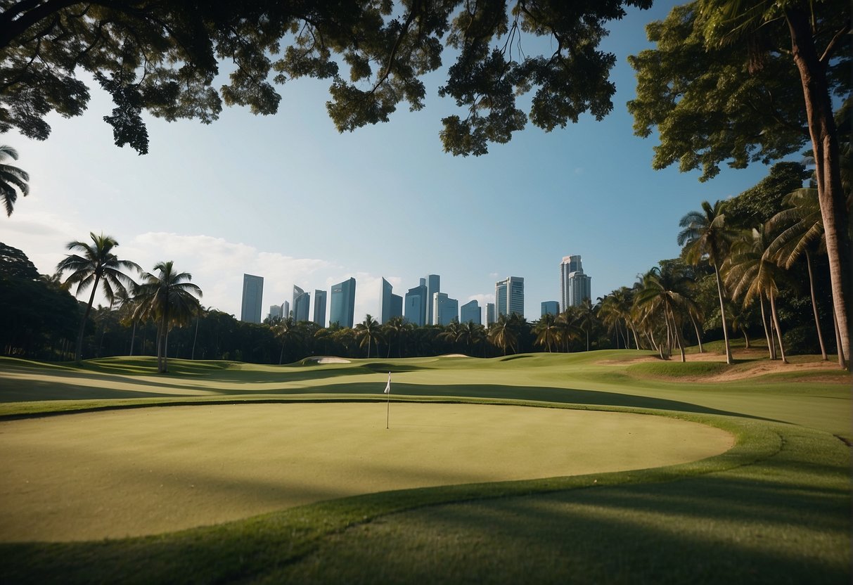 A golf course in Singapore with lush green fairways, palm trees swaying in the breeze, and a clear blue sky overhead