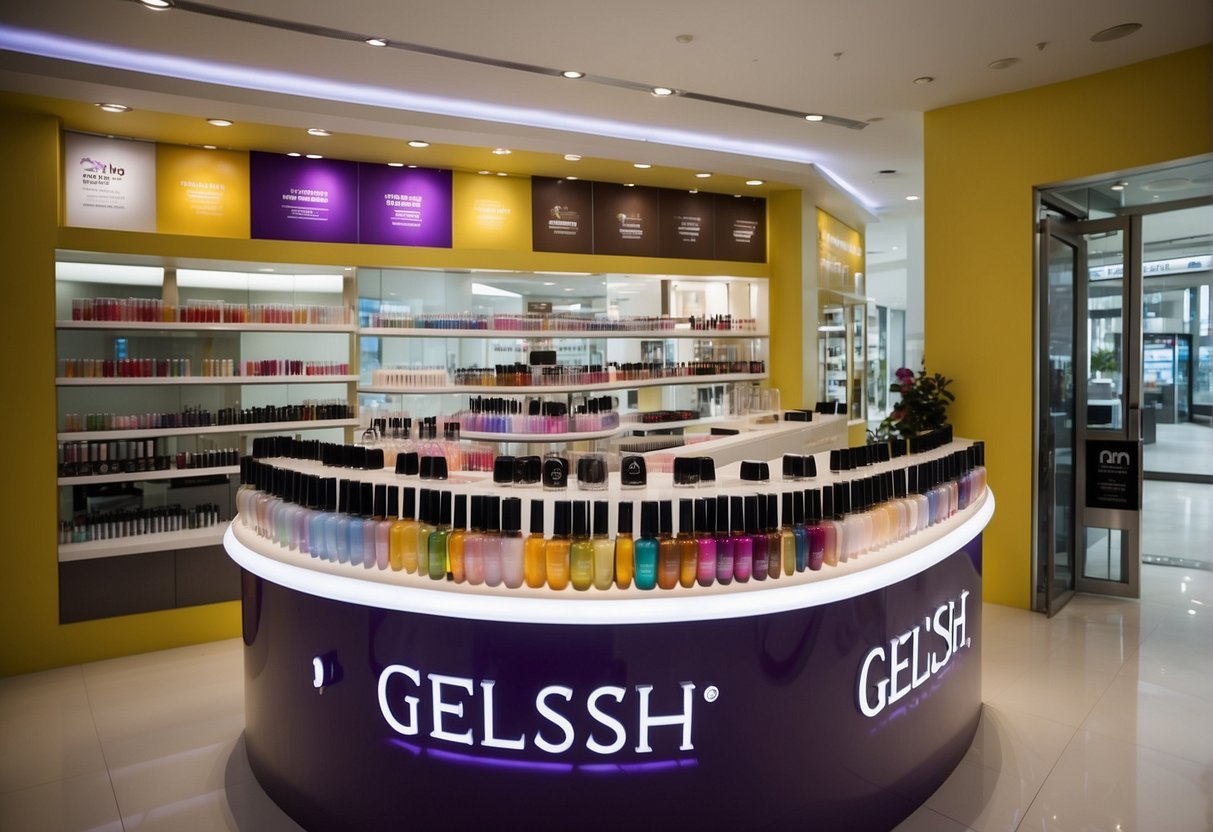 A colorful display of Gelish manicure promotions in Singapore, with vibrant bottles and signage, attracts attention