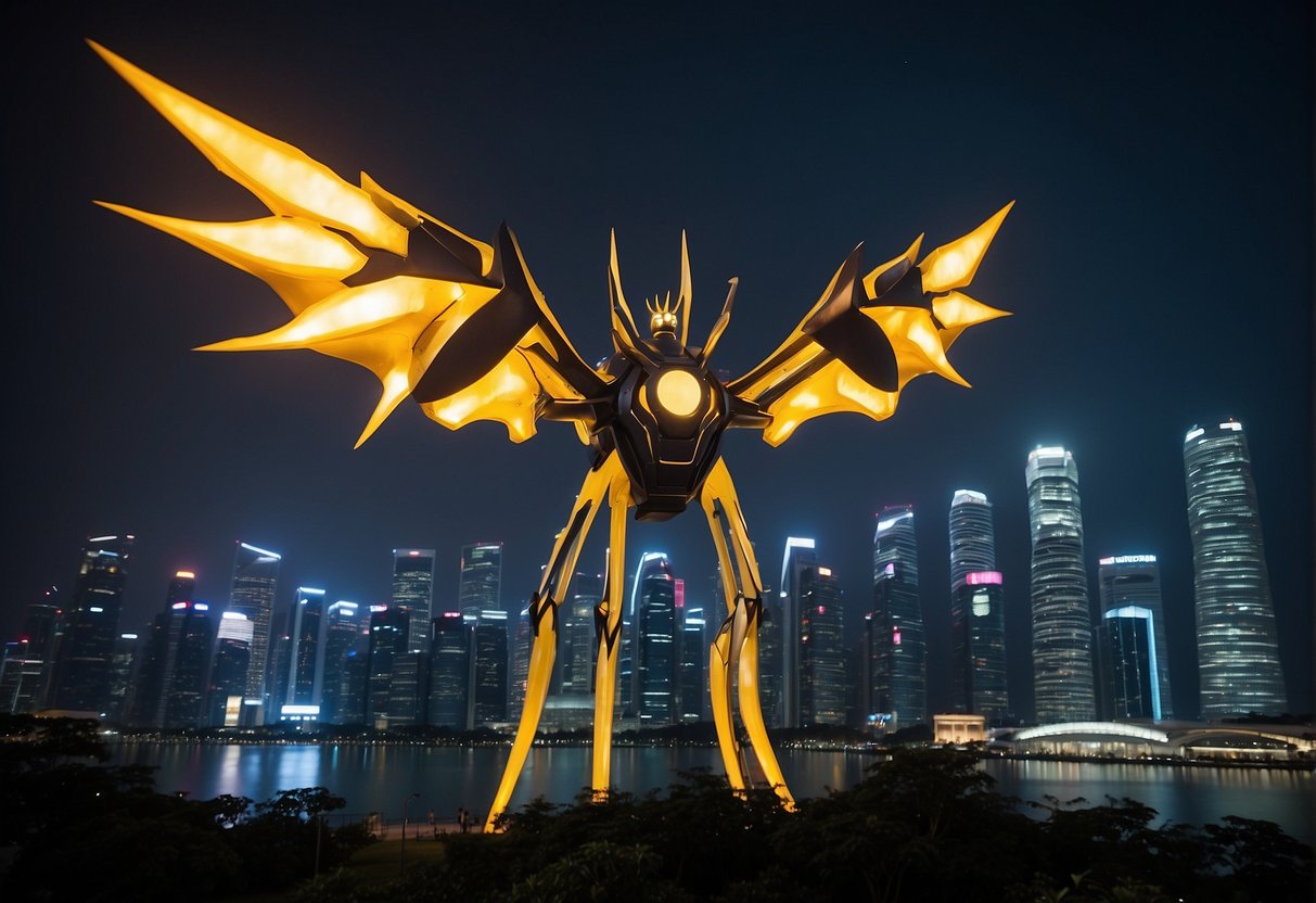 Necrozma GX towering over the Singapore skyline, glowing with power and radiating a sense of ominous strength