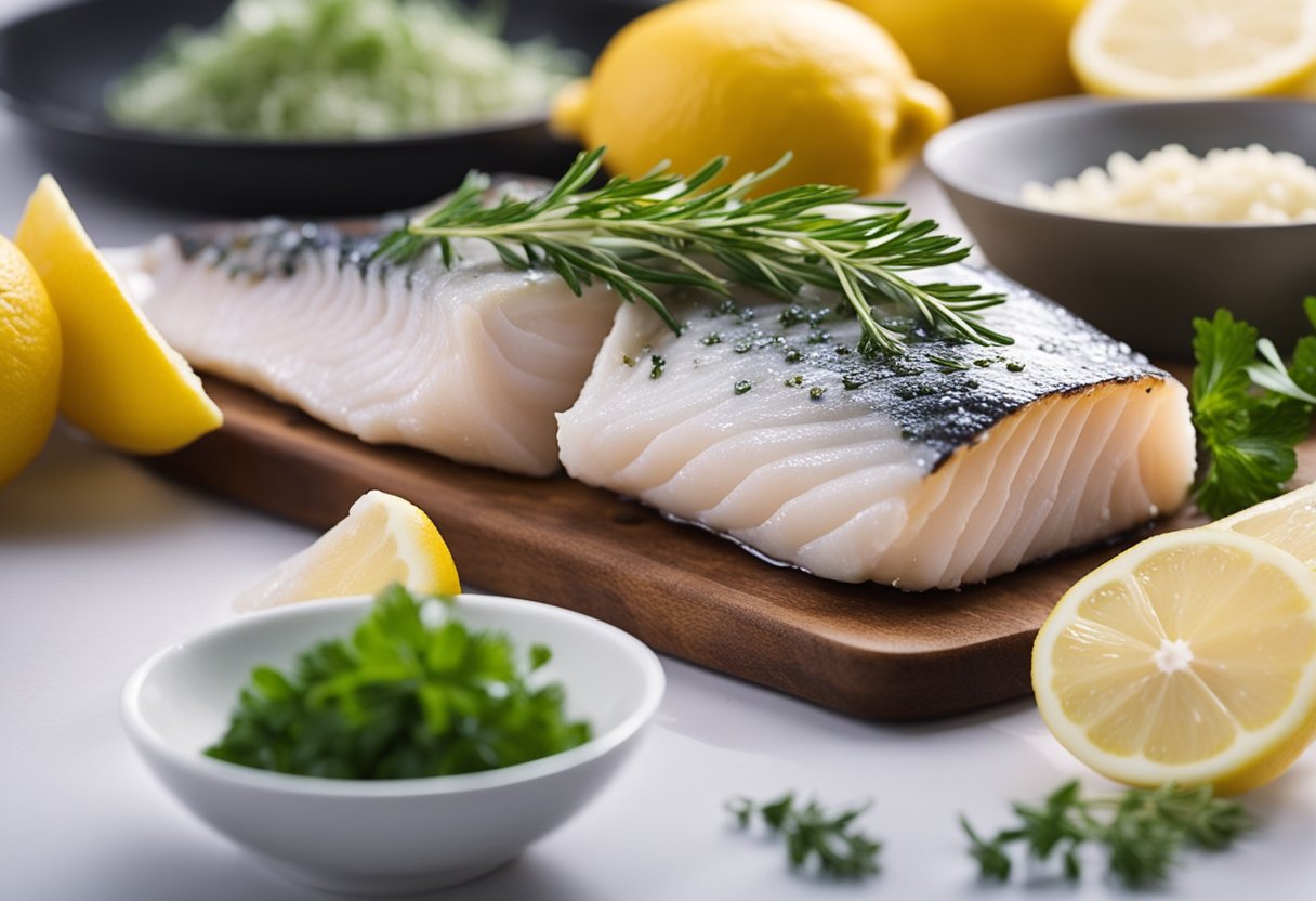 A fresh cod fish is being gently seasoned with simple ingredients like lemon, herbs, and a touch of olive oil, ready to be cooked for a baby's meal