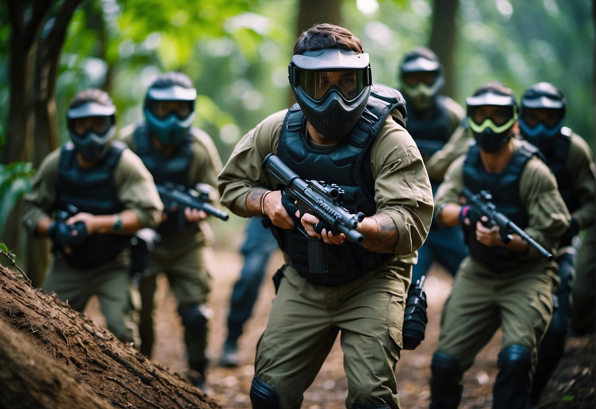 A group of paintball players in vibrant gear strategizing and taking cover in a jungle-themed arena, with colorful obstacles and splattered paint markings