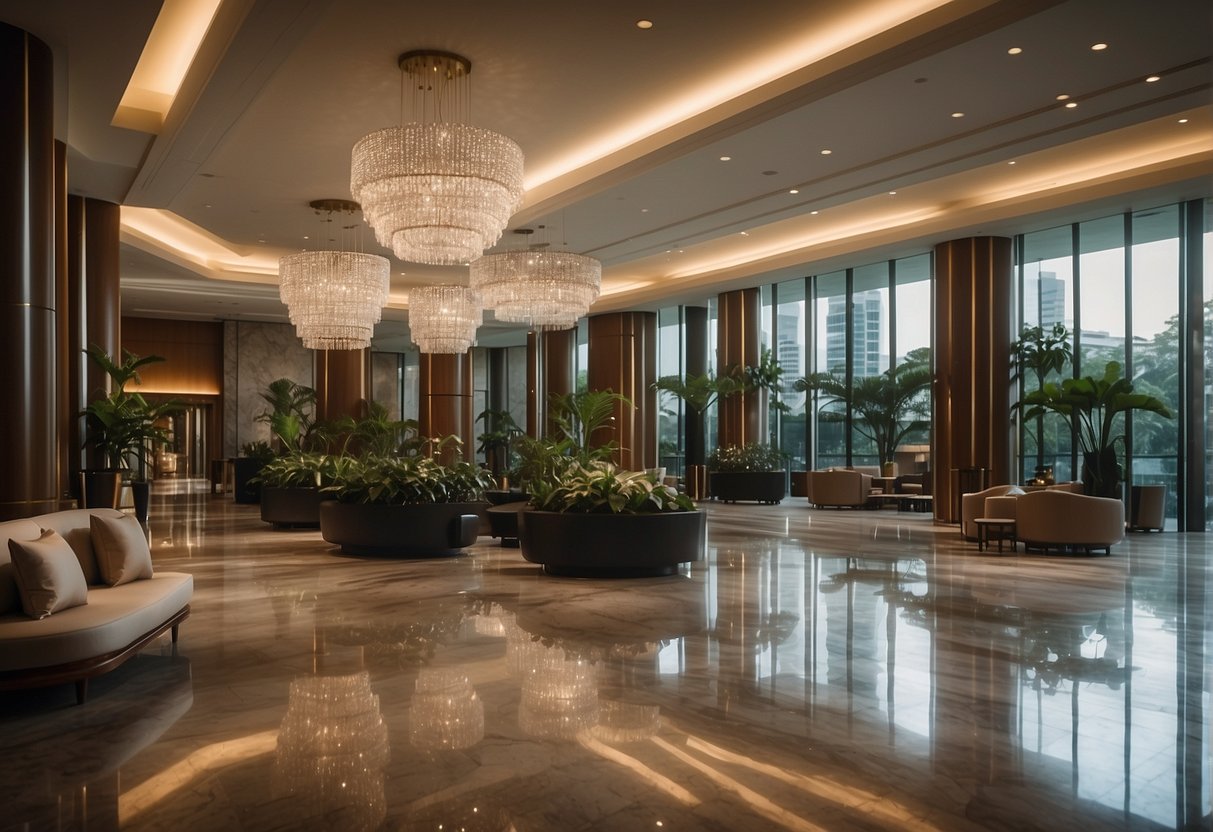 A luxurious 5-star hotel lobby in Singapore with a prominent "Frequently Asked Questions" display for hotel promotions