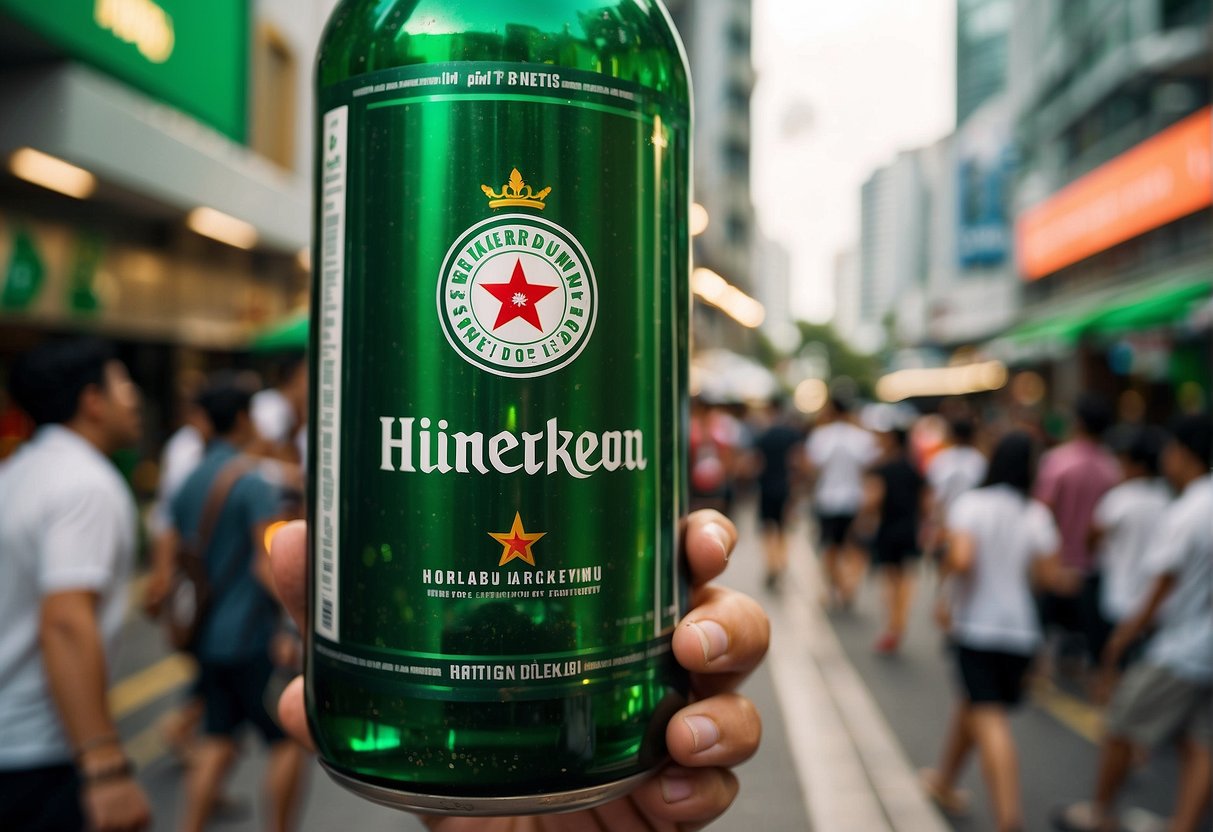 A bustling Singapore street with vibrant Heineken promotions, featuring eye-catching displays and enthusiastic customers