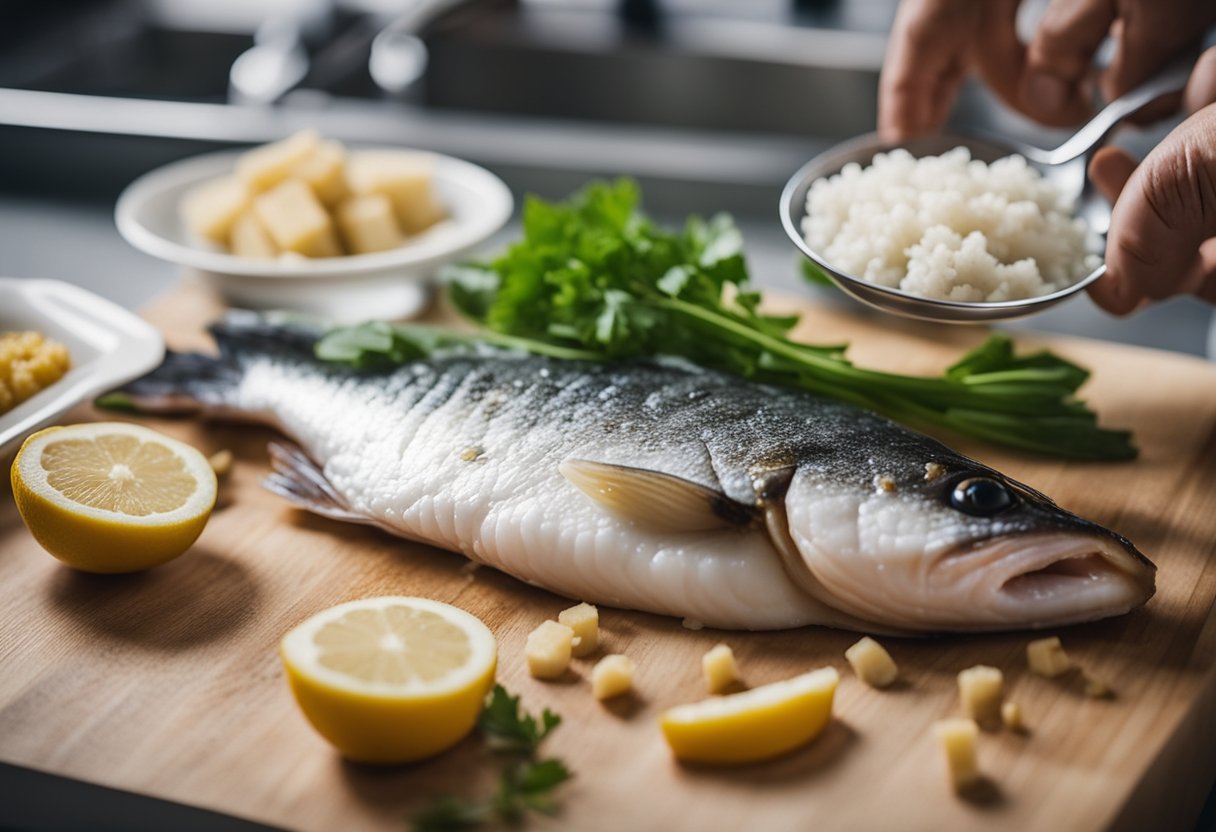 A cod fish being prepared with baby-friendly ingredients and safety measures in a clean kitchen environment