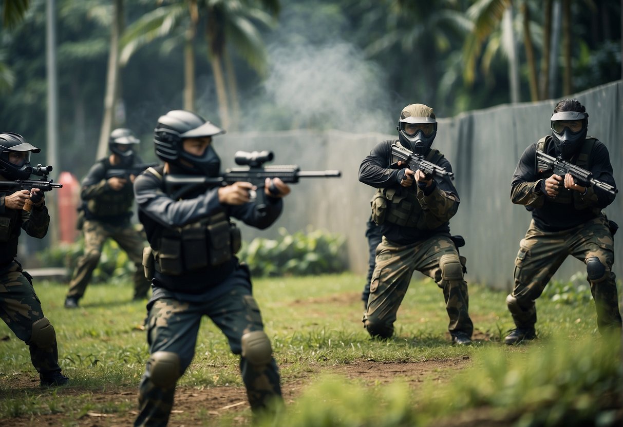 A group of paintball players in Singapore engage in a thrilling game, taking cover behind colorful obstacles and aiming their markers at their opponents