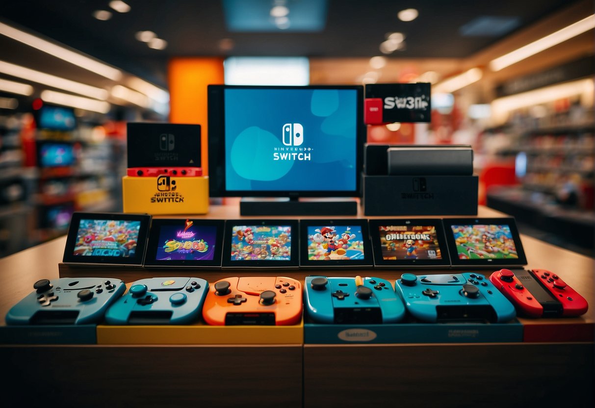 A vibrant display of Nintendo Switch consoles and games, with eye-catching promotional signs and banners, set against a bustling backdrop of a Singapore retail store