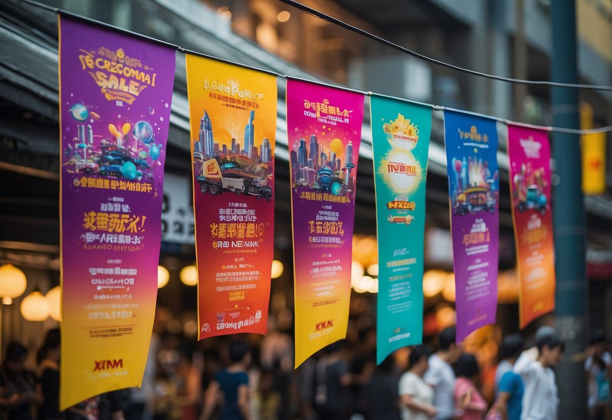 Colorful banners hang above a bustling street, advertising the Spring Spectacular Sale and featuring the powerful Necrozma GX promotions in Singapore