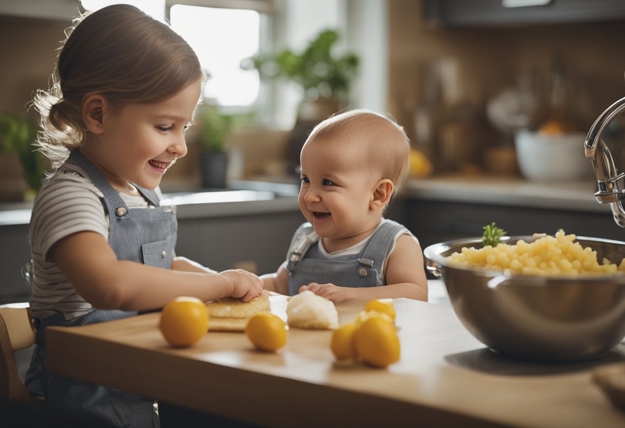 A smiling baby sits in a high chair, eagerly watching as a parent prepares a cod fish recipe while following the Frequently Asked Questions guide. Ingredients and cooking utensils are neatly arranged on the kitchen counter