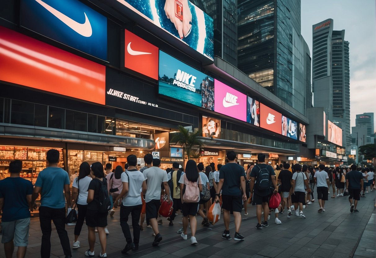 A crowded street in Singapore with prominent Nike logos on billboards, storefronts, and promotional banners