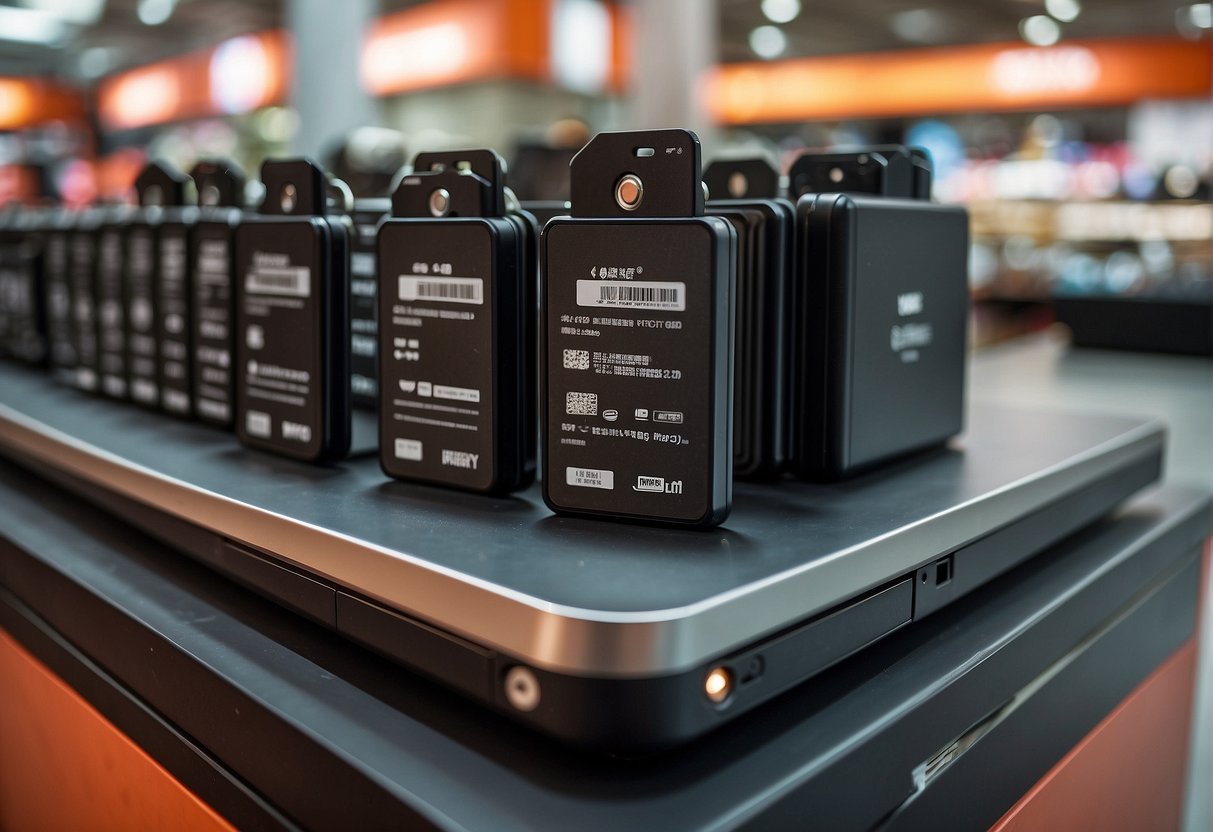 A display of portable external hard drives with promotional signs in a Singaporean electronics store