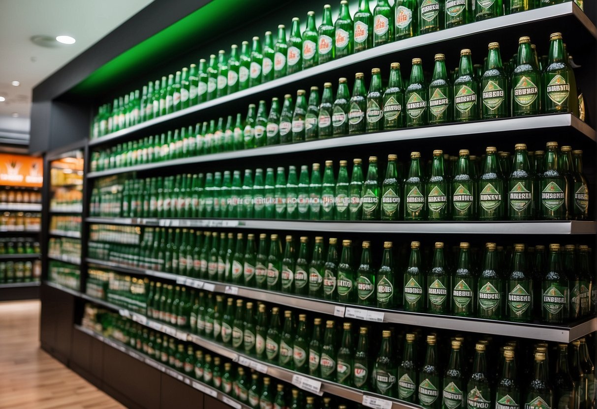 A vibrant display of Heineken beer promotions in Singapore, featuring eye-catching signage and attractive discounts
