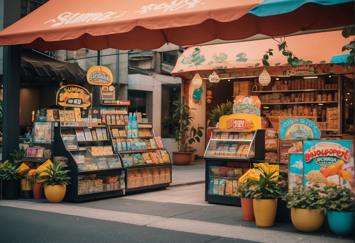 A vibrant summer scene with a colorful display of "Summer Bonanza Blowout" signage and promotional materials for Necrozma GX in Singapore