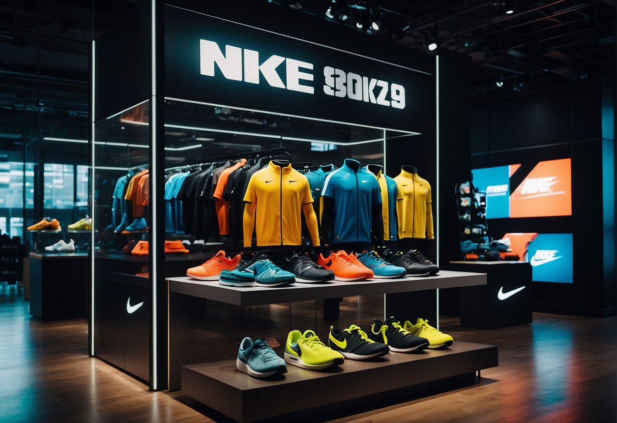 A display of Nike sports gear with promotional signage in a vibrant Singapore setting
