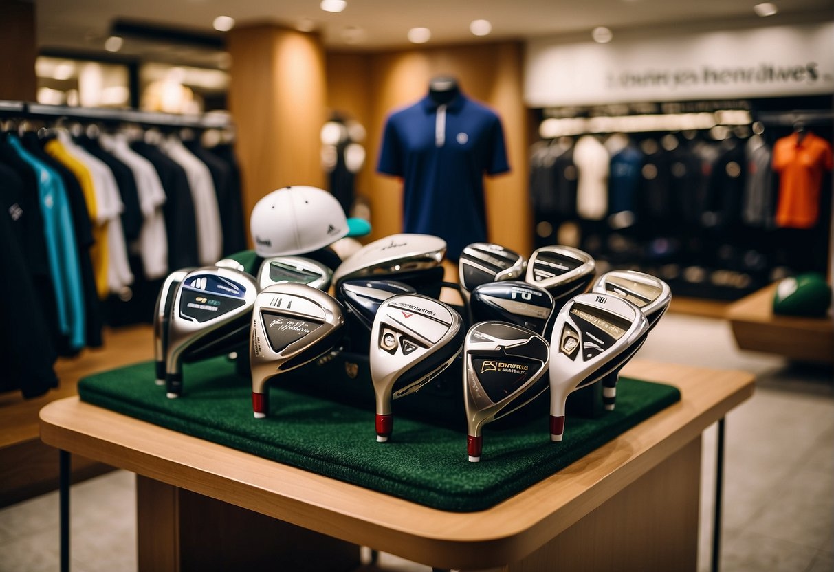 Golf equipment and apparel displayed with promotional signage in a Singaporean retail setting