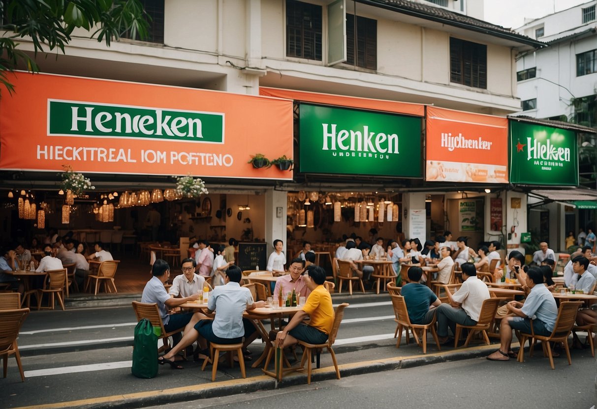 A bustling Singapore street lined with vibrant Heineken promotion banners and signs, with people enjoying drinks at outdoor cafes