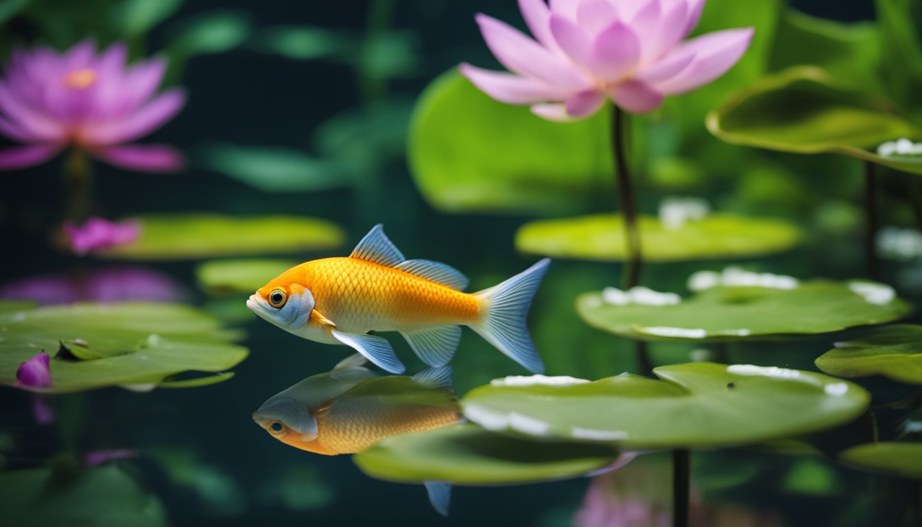 A colorful Chinese fish swims gracefully among vibrant aquatic plants and delicate water lilies in a tranquil pond