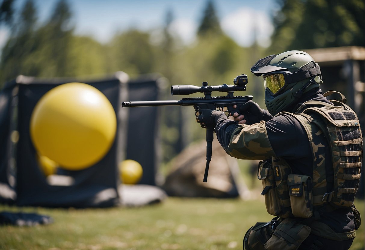 A backyard filled with paintball gear, targets, and obstacles for an exciting outdoor promotion