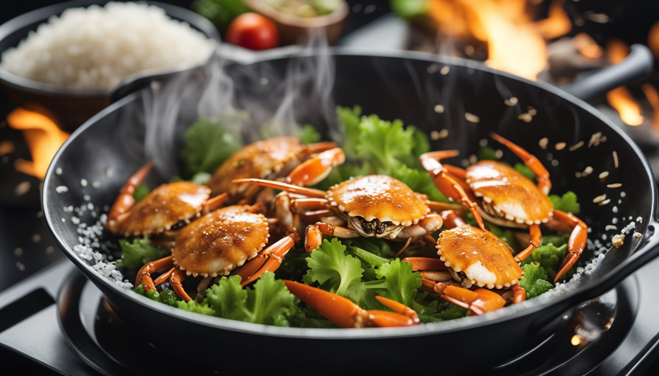 A sizzling wok tosses crab, rice, and vegetables in a fragrant blend of soy sauce and spices. The steam rises as the ingredients combine, creating a mouthwatering aroma