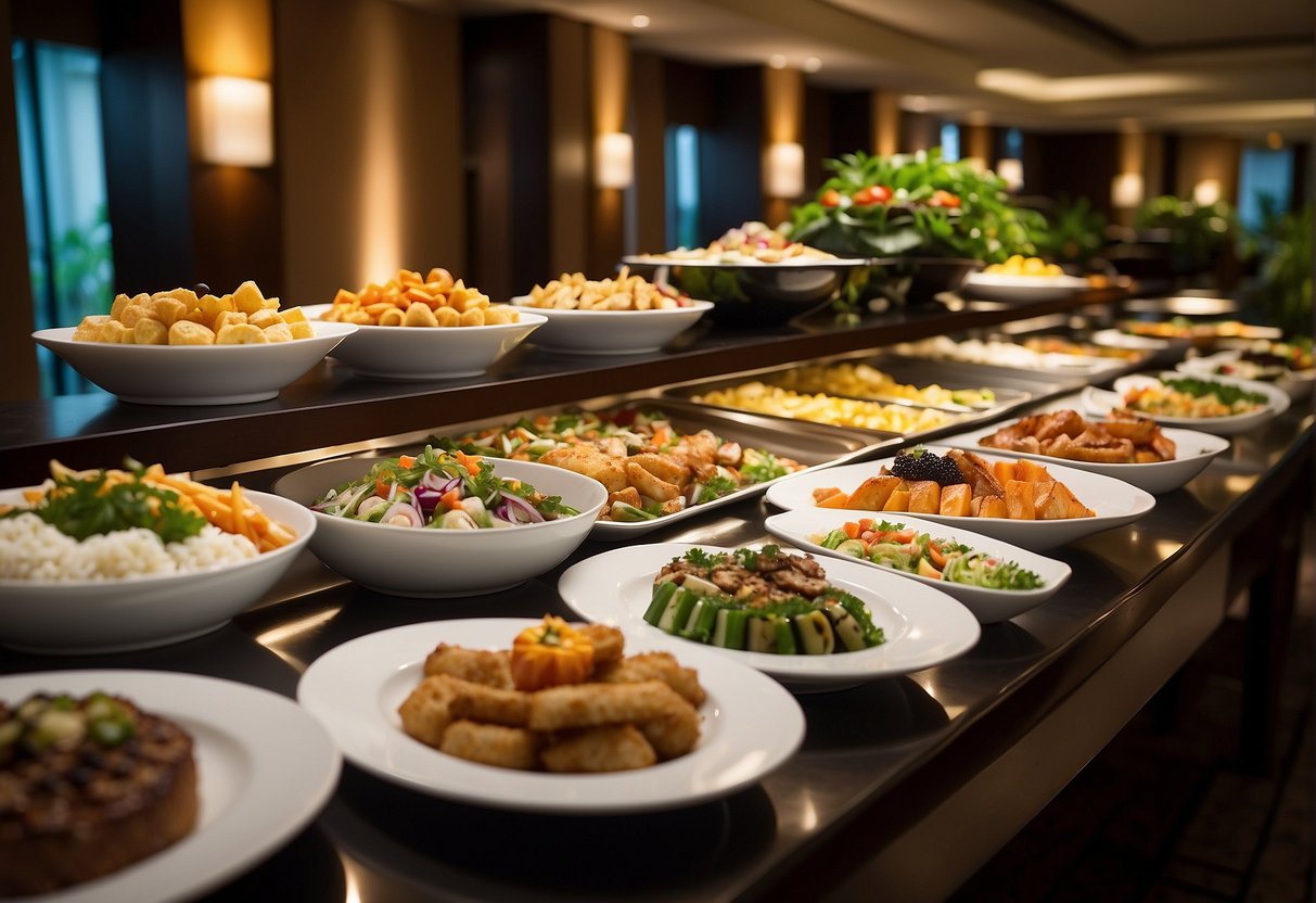 The Park Royal Hotel buffet promotions in Singapore feature an array of delectable dishes displayed on elegant serving platters in a spacious and inviting dining area