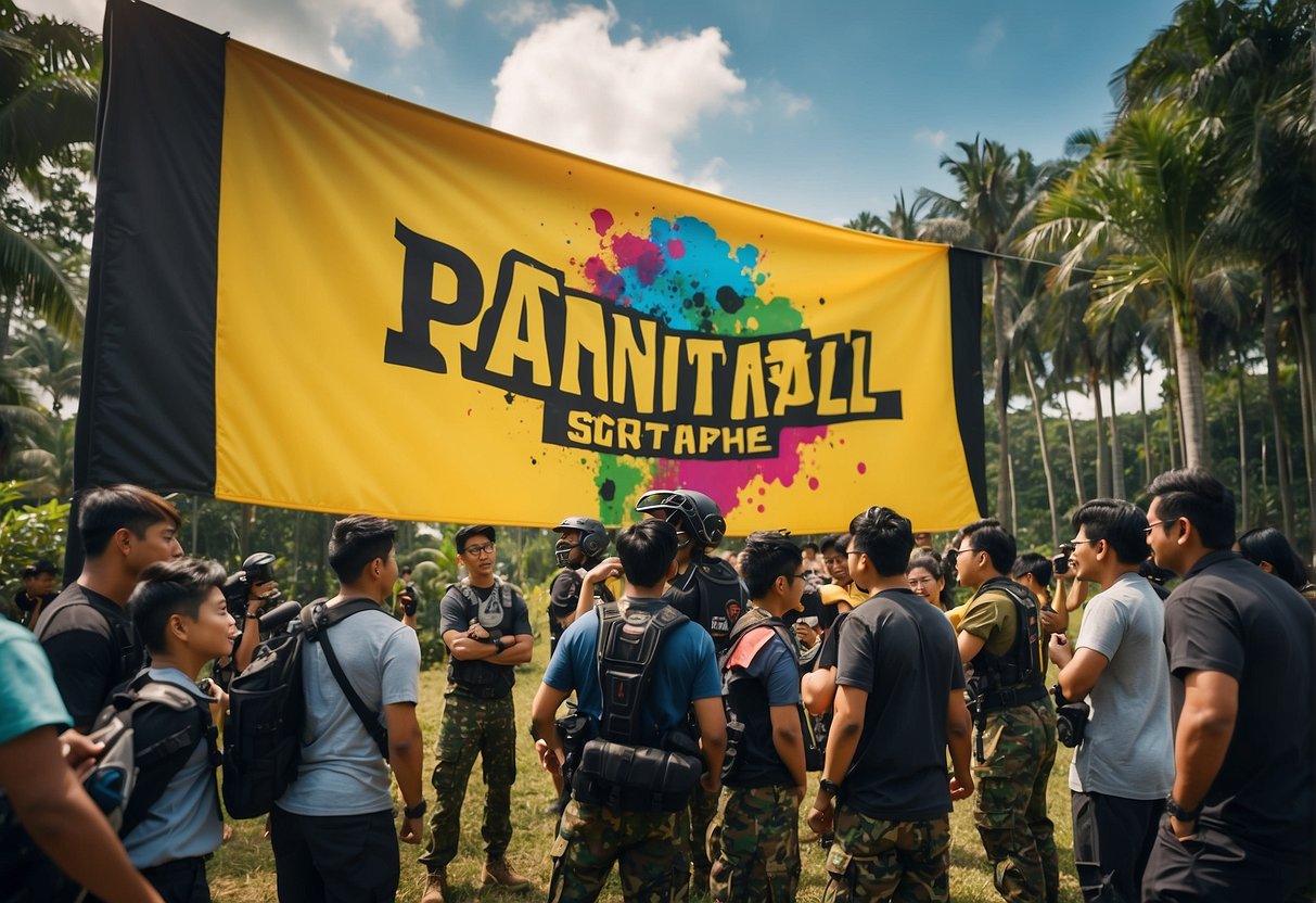 A group of excited participants gather around a colorful banner promoting paintball in Singapore, while staff members prepare equipment and answer questions