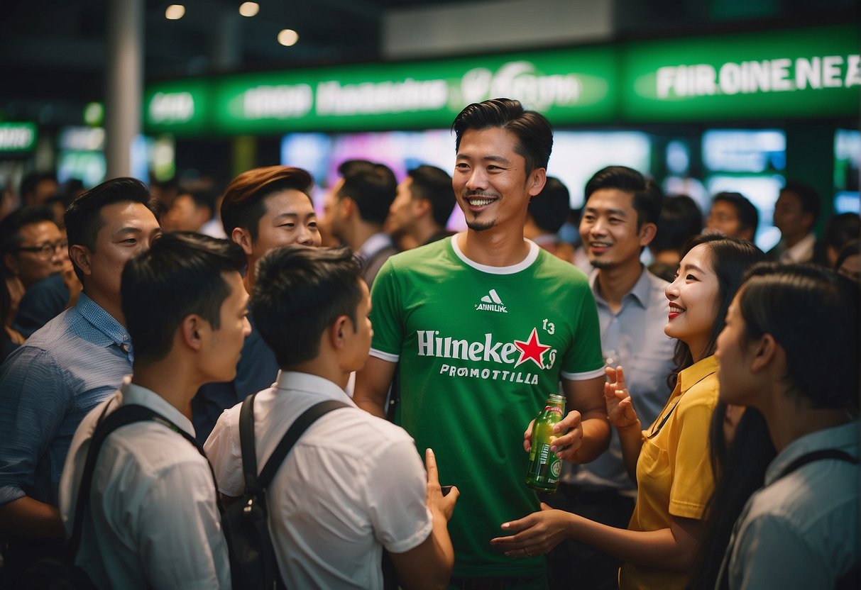 A crowd gathers around a Heineken promotions booth in Singapore, eager to ask questions and learn about the latest offers