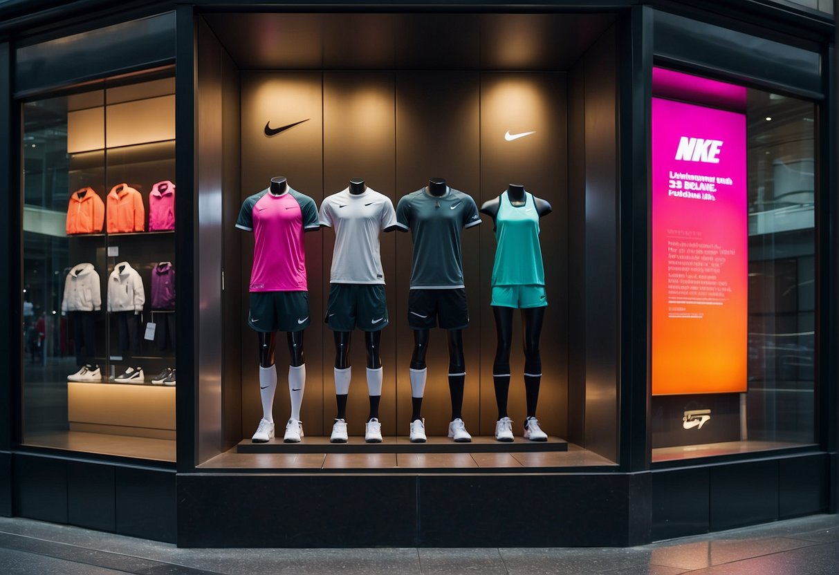 A display of Nike running apparel deals in a Singapore store window. Bright signage and sleek designs draw in potential customers
