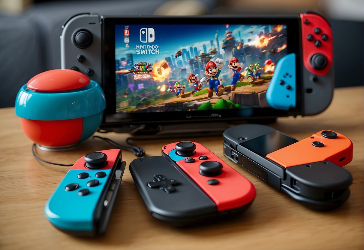 A colorful display of Nintendo Switch promotions in Singapore, with various game titles and accessories showcased