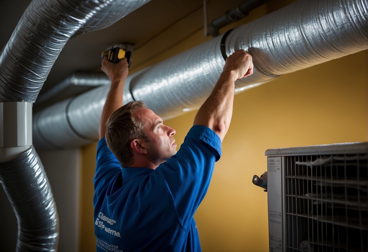 A technician installs thick insulation around HVAC ducts and pipes to improve energy efficiency