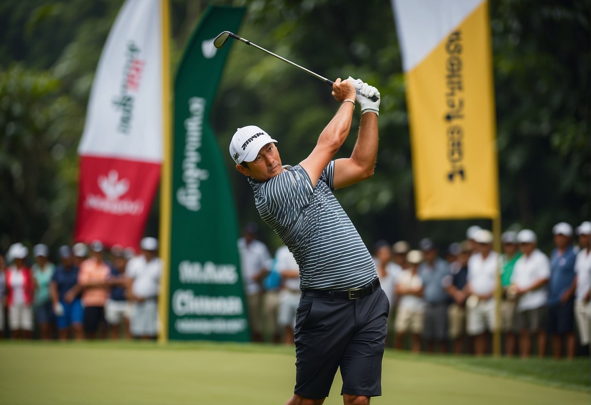 A golfer tees off at a lush green golf course, surrounded by promotional banners and signage for MST Golf in Singapore