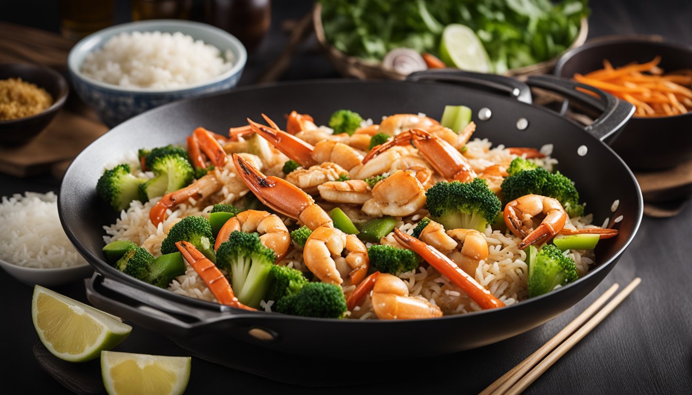 A wok sizzles with crab, rice, and veggies. Soy sauce and ginger add flavor. Options for substitutes are listed on the side