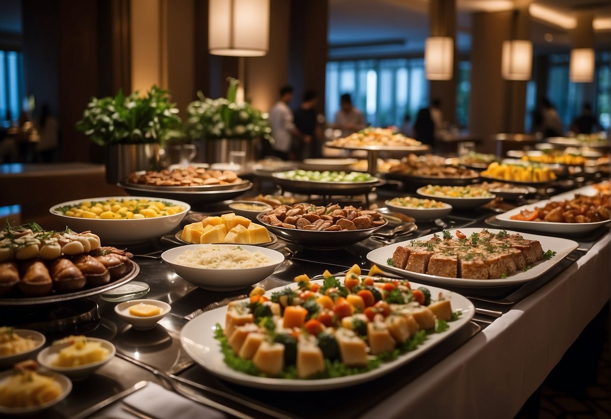 The scene showcases a lavish buffet spread at the Park Royal Hotel in Singapore, with tantalizing dishes and elegant decor, highlighting the exclusive 2024 promotions