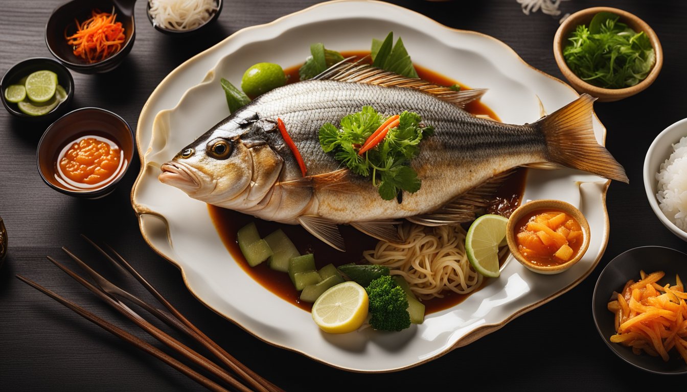 A table set with steamed whole fish, crispy fried fish, and fish in spicy sauce, surrounded by chopsticks and colorful garnishes