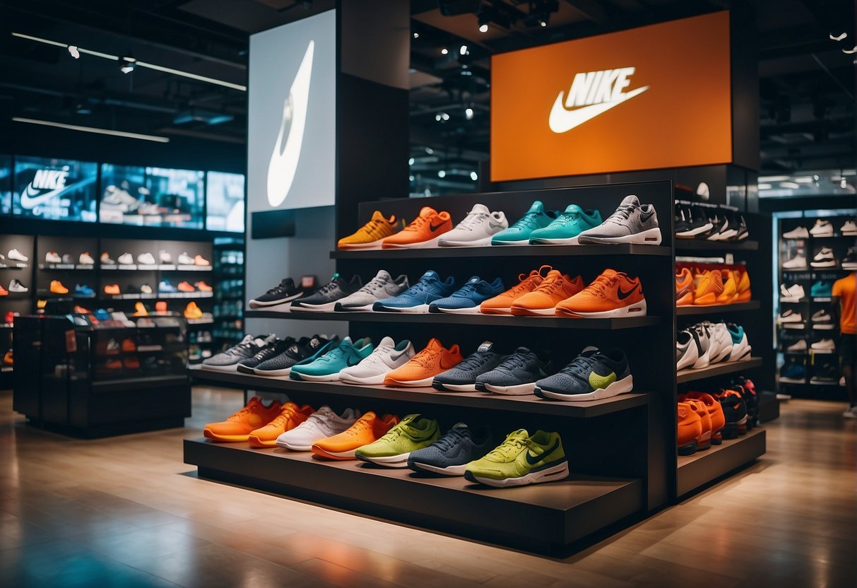 A vibrant display of Nike products surrounded by promotional banners and signs in a bustling Singapore retail store