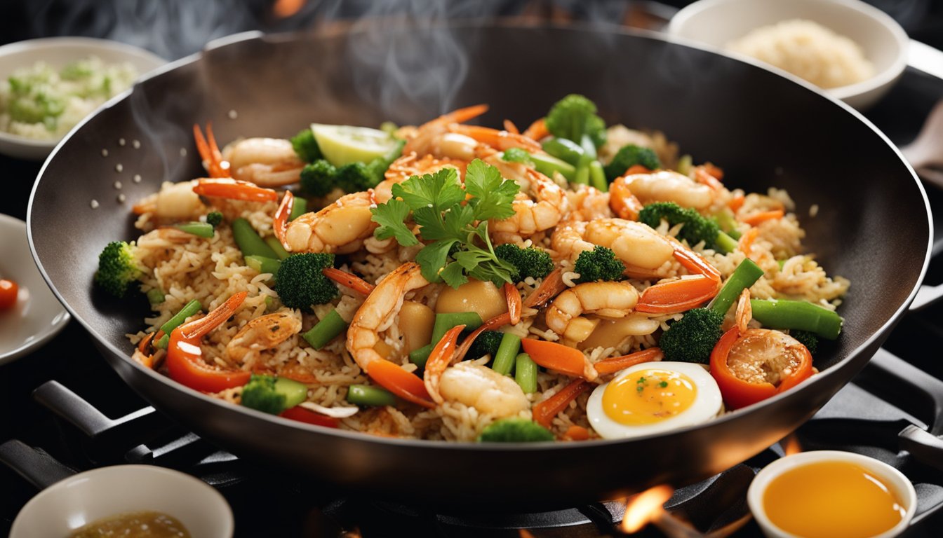 A wok sizzles with stir-fried crab, rice, and vegetables. A chef adds soy sauce and eggs, tossing the ingredients with skill
